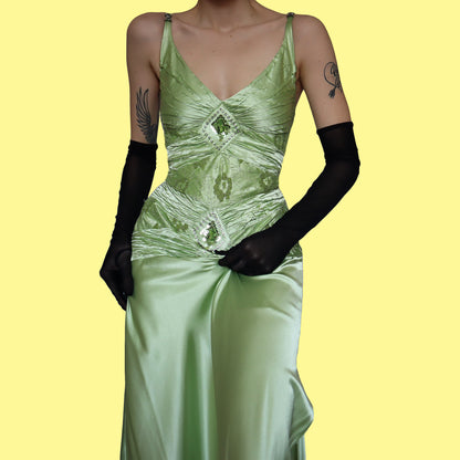 Green satin lace evening dress UK 14