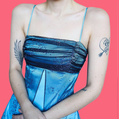 Beautiful Morgan & Co silky blue glitter evening prom dress UK 8