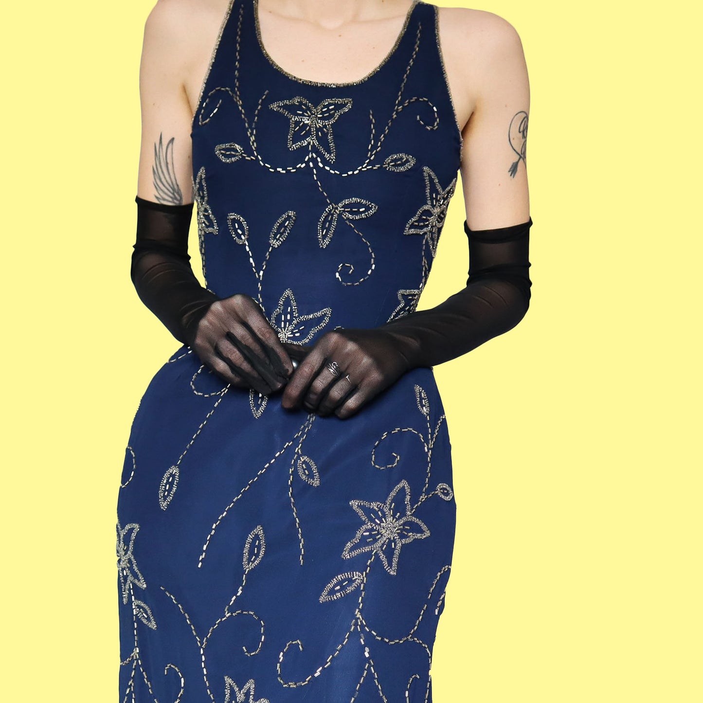 Navy blue beaded open back evening dress UK 10