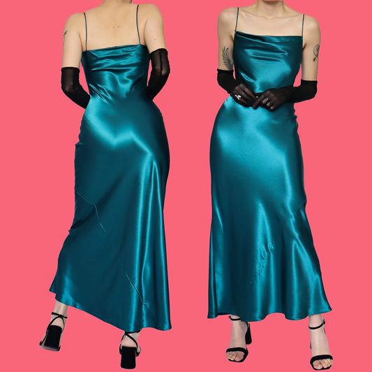 Silky teal slip evening dress UK 10