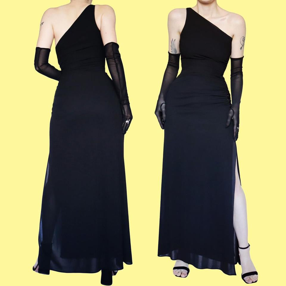 Black stretch one shoulder evening dress UK S