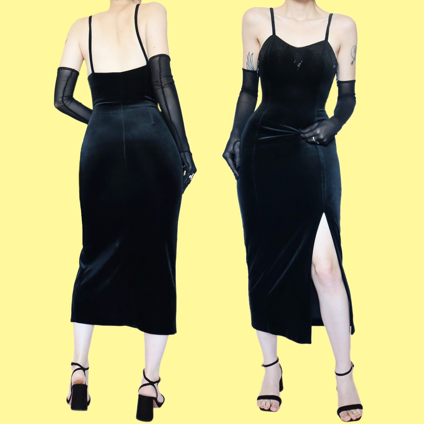 Black velvet beaded midi dress UK 10