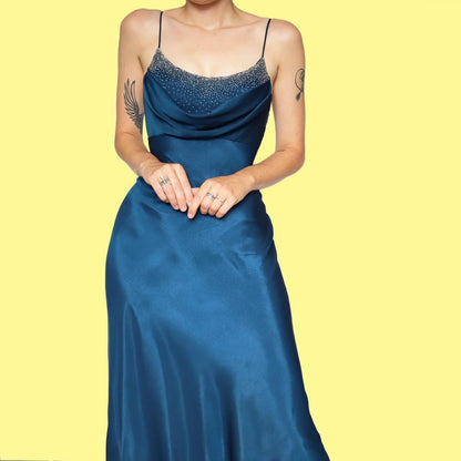 Blue Beaded Chiffon Slip Evening Dress UK 8