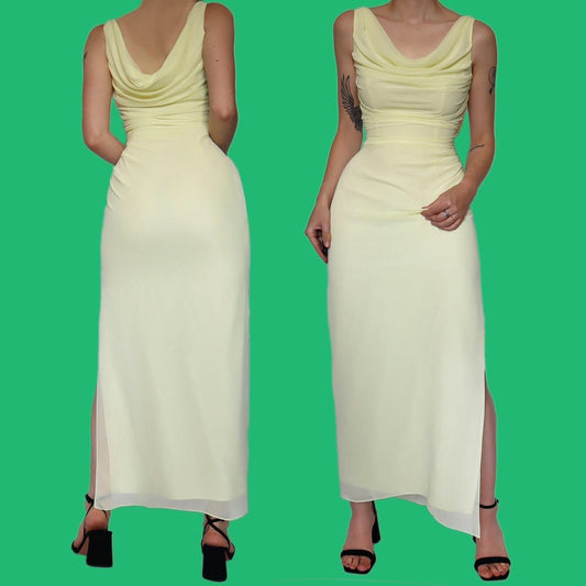 Stunning yellow draped chiffon DUSK by Frank Usher evening dress UK 12