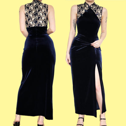 Beautiful YVE London navy velvet cheongsam style evening dress UK 14