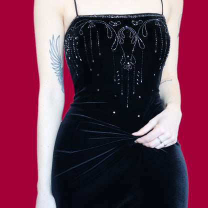 Stunning Dave & Johnny black velvet stretch beaded evening dress UK 12