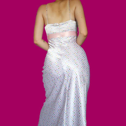 White Dave & Johnny polka dot print satin evening dress UK 10