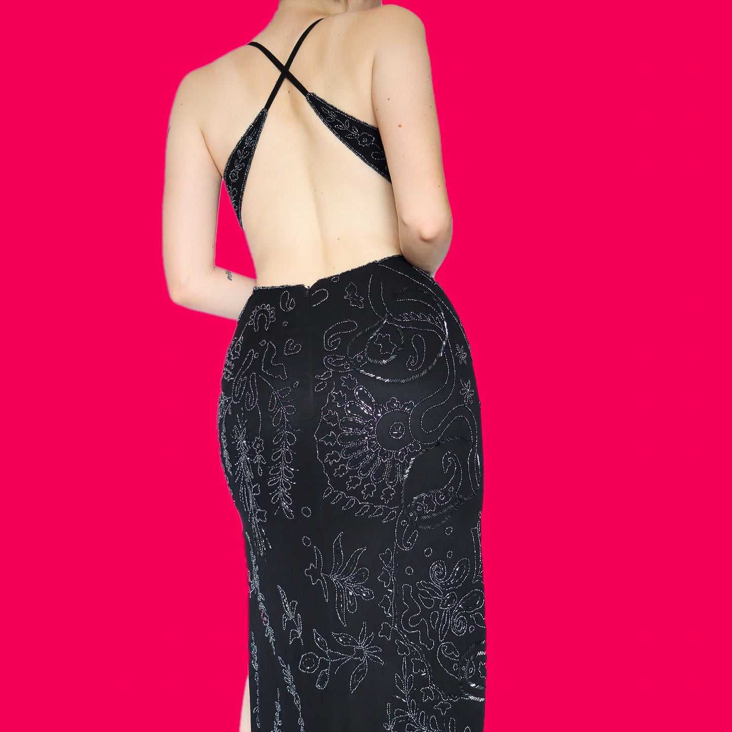 Stunning black heavily beaded evening dress UK 10