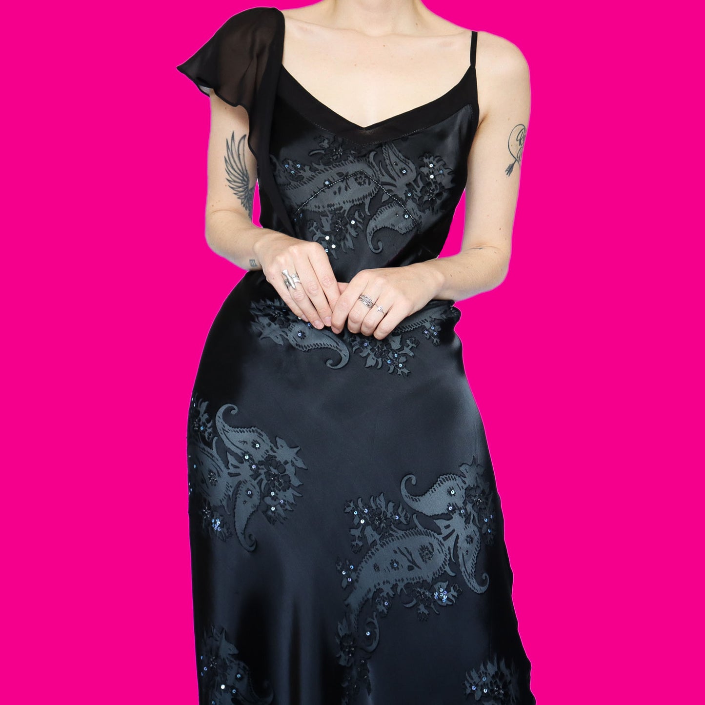 Black silk blend sequin evening dress UK 16