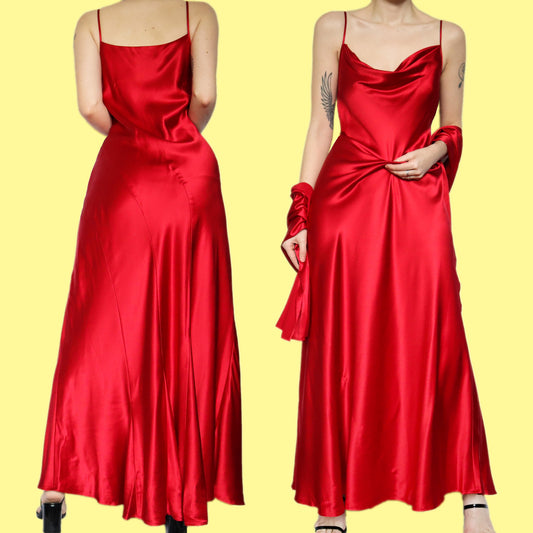 Stunning red 100% silk satin slip dress with a matching shawl UK 18
