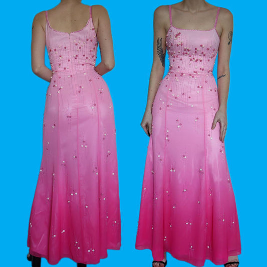 Stunning YVE pink ombré beaded evening dress UK 10
