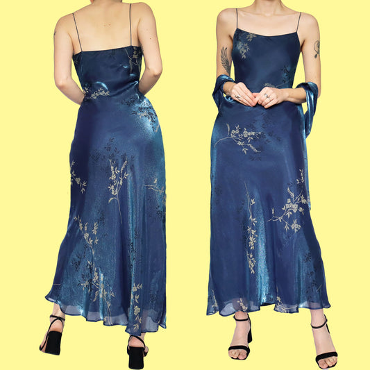 Silky blue slip dress with shawl UK 14