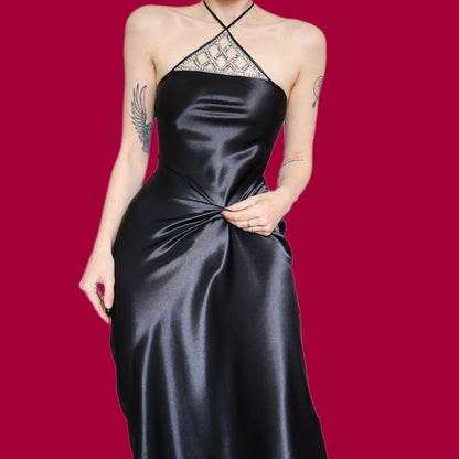 Silky black diamanté midi party dress UK 10-12