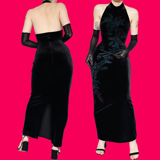 Black velvet high neck evening dress UK 10