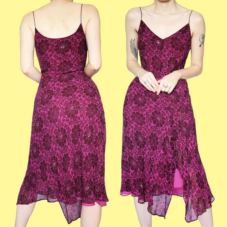 Purple 100% silk floral midi dress UK 12