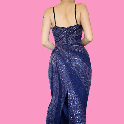 Purple Kaleidscope fitted sequin & beaded evening dress UK 12
