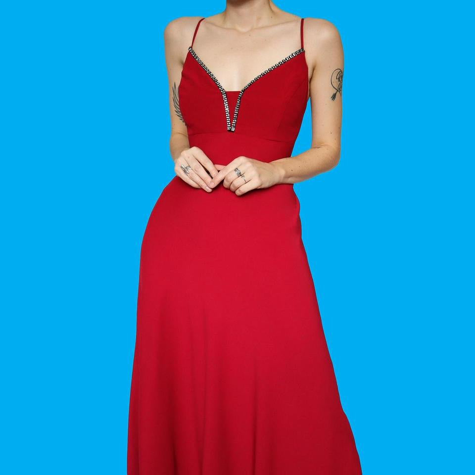 Red flared slip evening dress UK 16