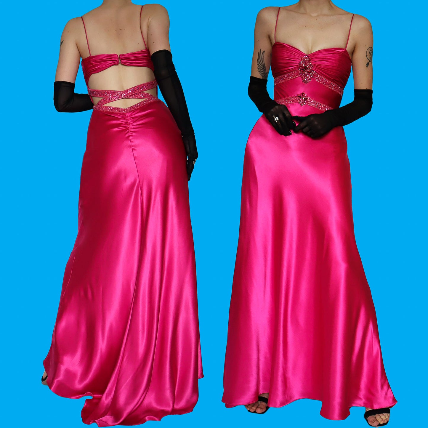 Pink satin beaded evening dress UK 10