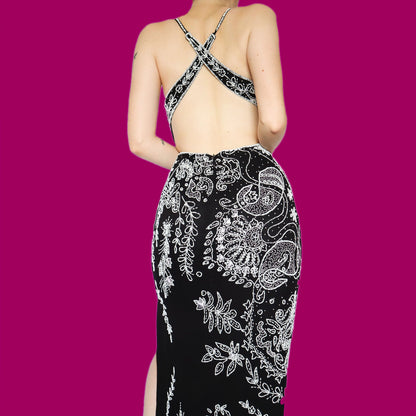 Black & white heavily beaded evening dress UK 10
