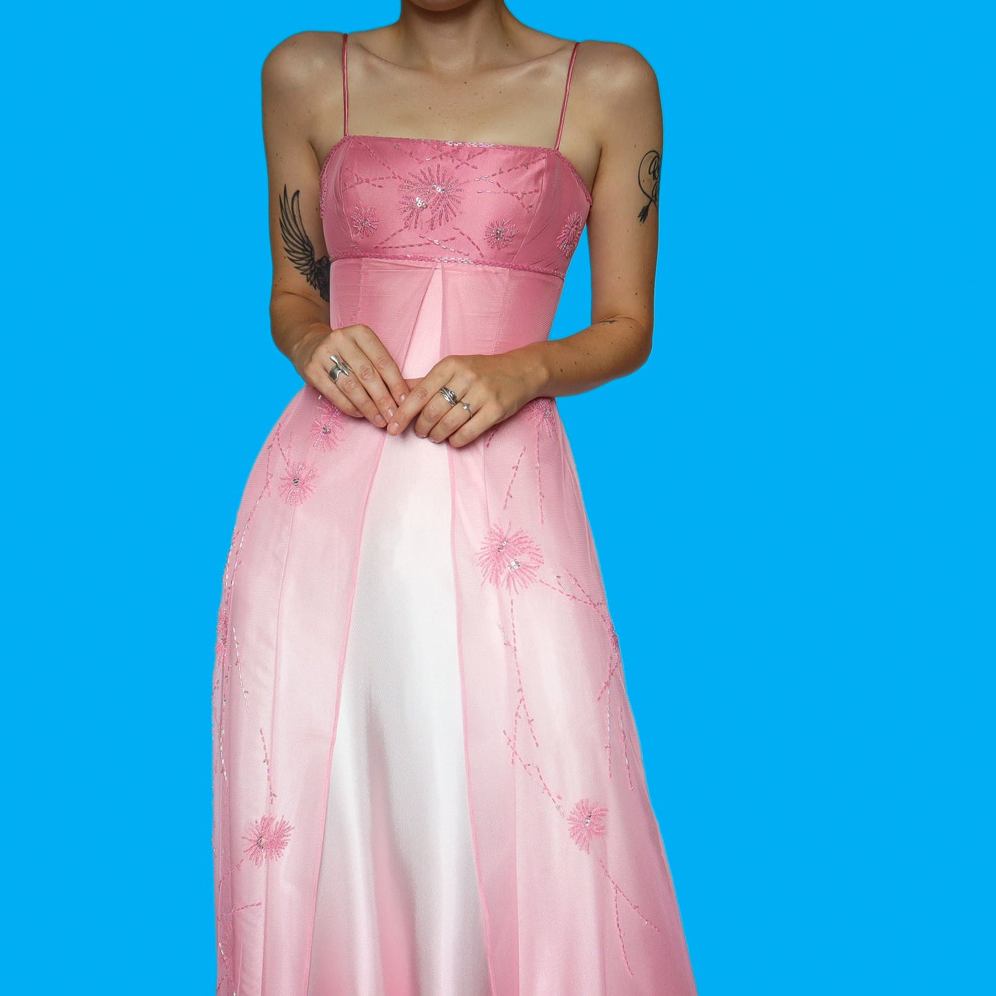 Pink satin ombré beaded evening dress UK 8
