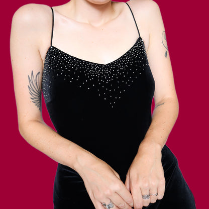 Black velvet beaded stretch evening dress UK 12 & UK 14