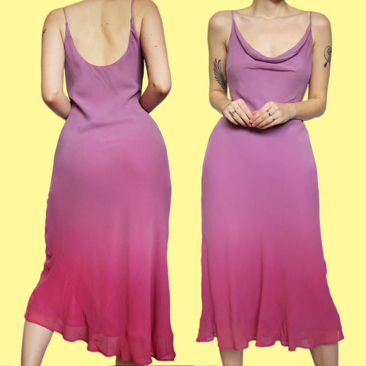Stunning 100% silk chiffon slip ombre midi dress UK 12