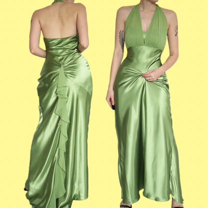 Stunning olive green satin evening dress UK 10