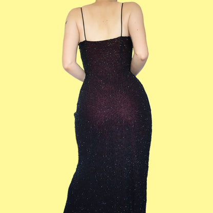 Black & red heavily beaded slip evening dress UK 12