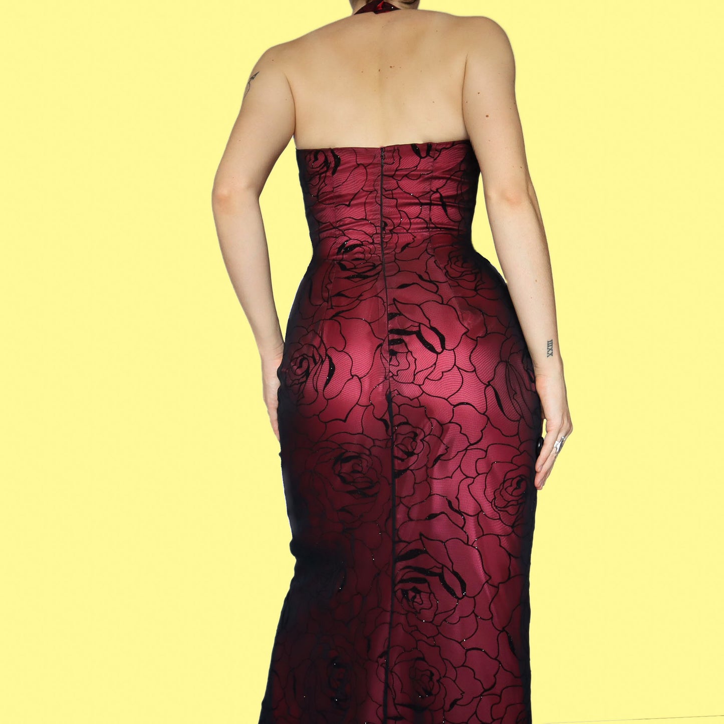 Red glittery floral halter neck evening dress UK 10