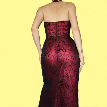 Red glittery floral halter neck evening dress UK 10