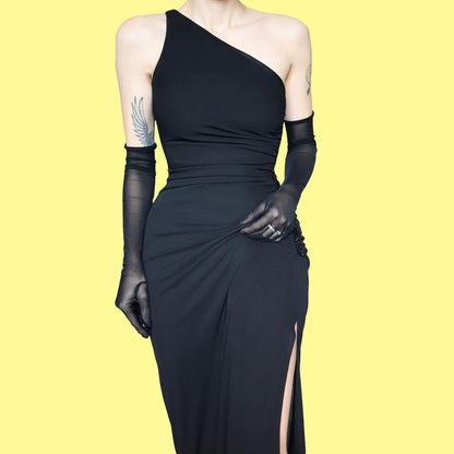 Black stretch one shoulder evening dress UK S