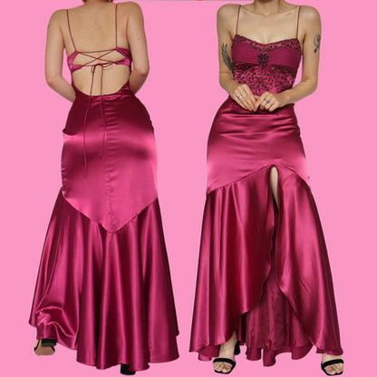Beautiful pink satin beaded evening dress UK 12