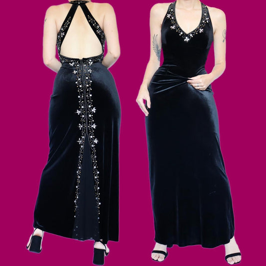 Black velvet gem detail evening dress UK 16