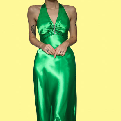 Silky green diamanté evening dress UK 8