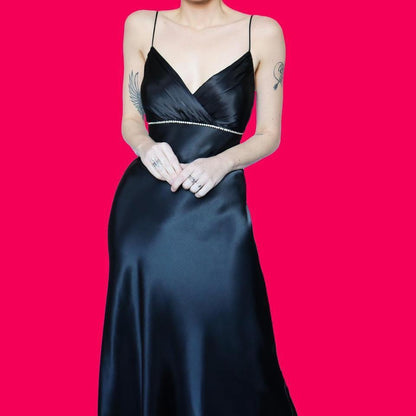 Silky black diamanté evening dress UK 14