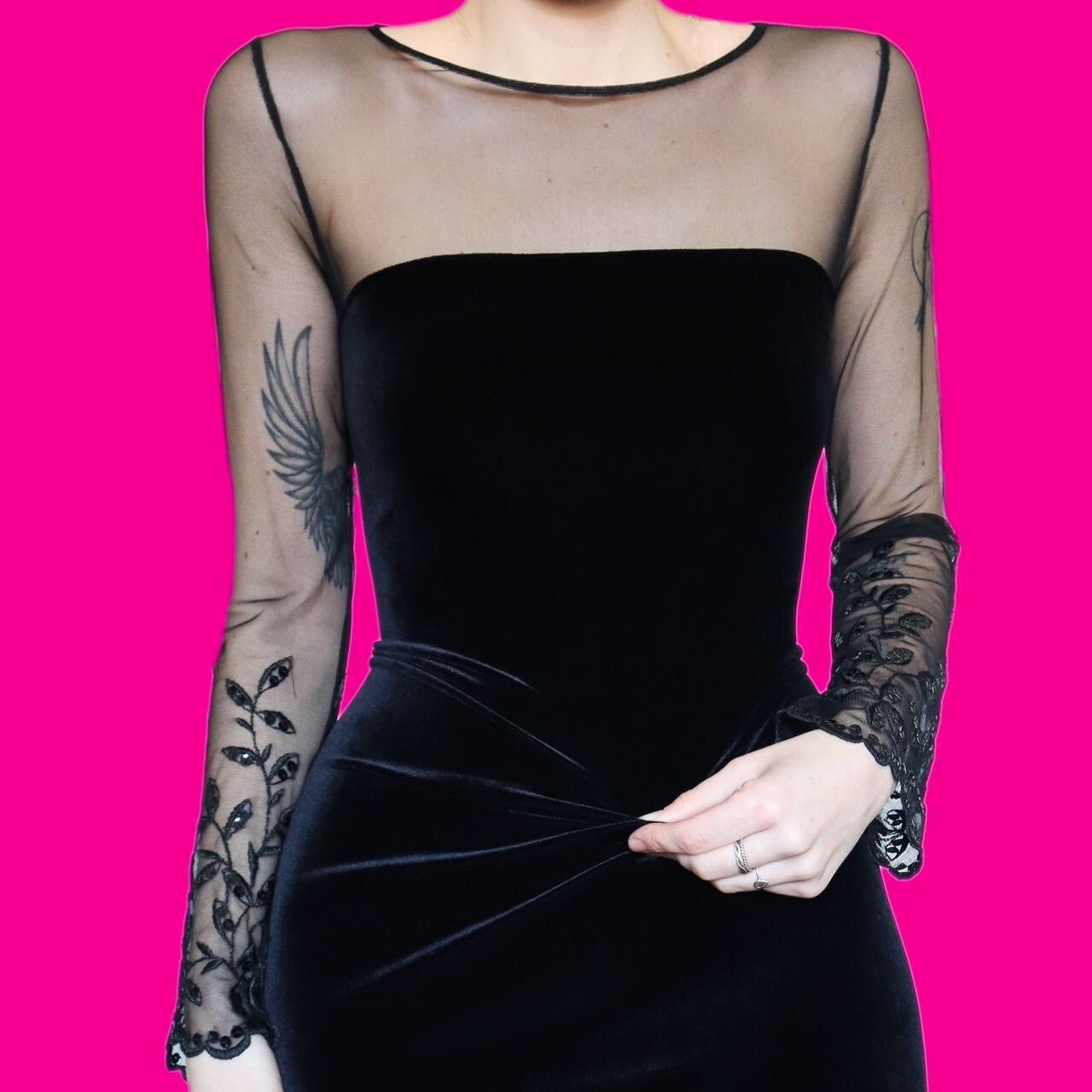 Chic black velvet stretch evening dress UK 14