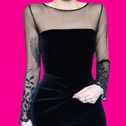 Chic black velvet stretch evening dress UK 14