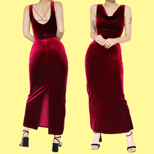 Red velvet stretch evening dress UK 14