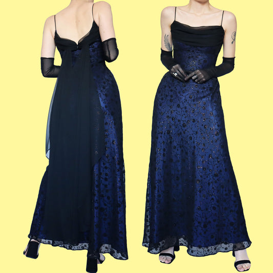 Blue glittery floral evening dress UK 12
