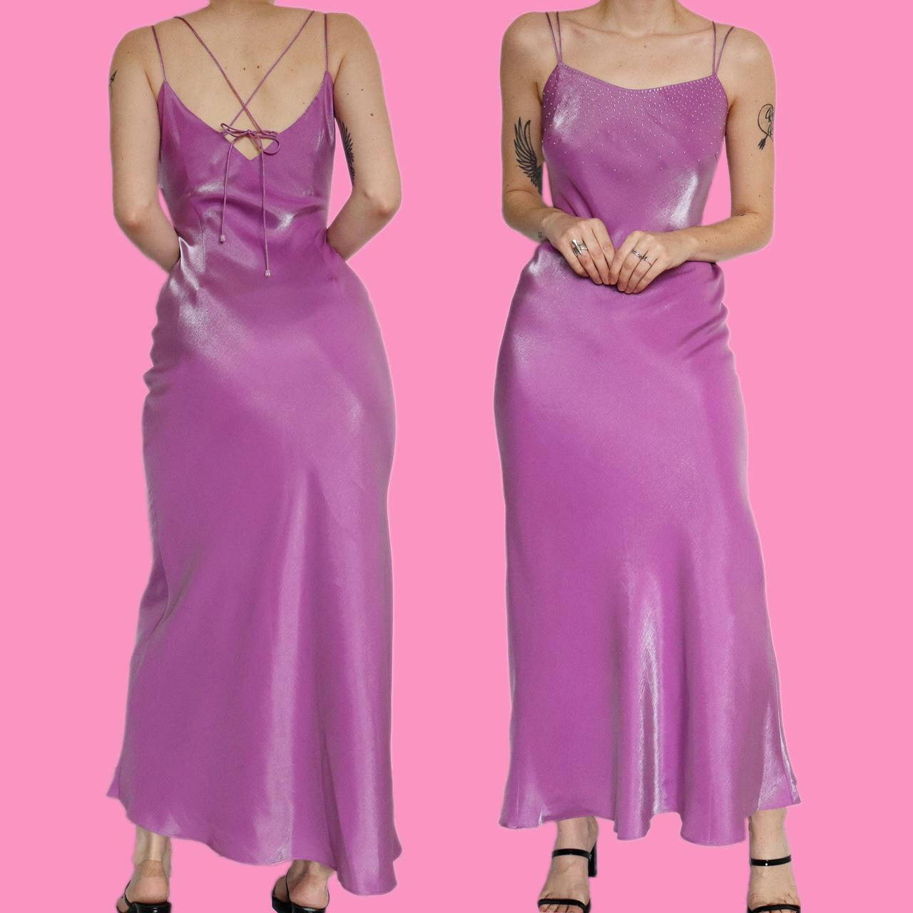 Stunning purple silky beaded evening dress UK 10