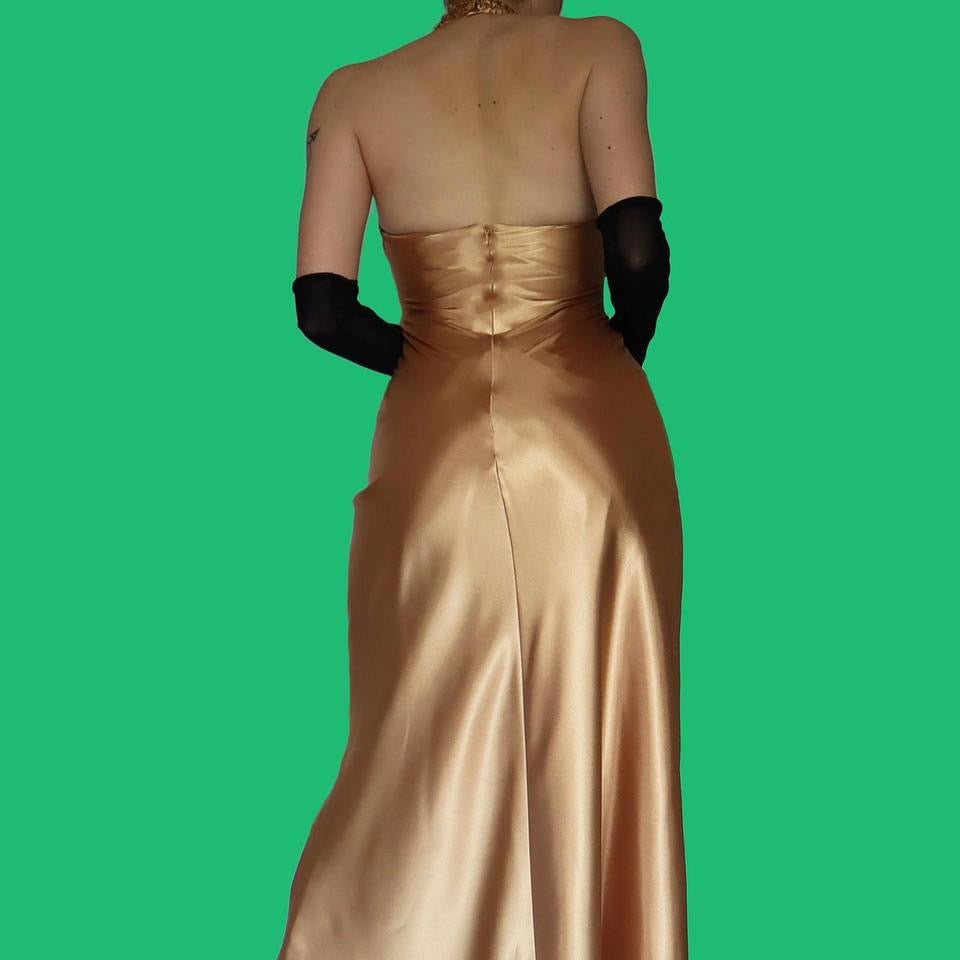 Gold silky halter neck evening dress UK 8