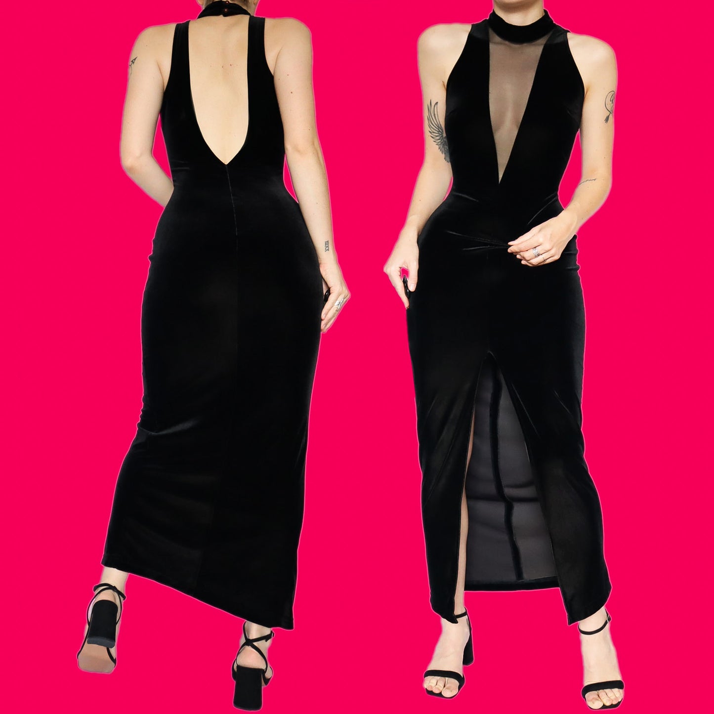 Black velvet low cut evening dress UK 10-12