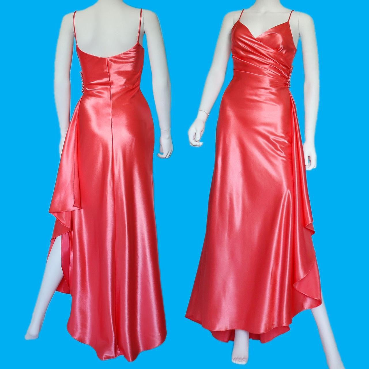 Silky satin coral evening dress with shawl UK 6