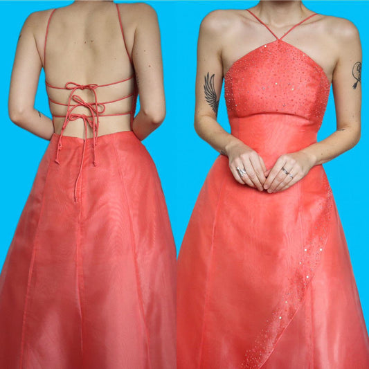 Beautiful peach organza a-line evening dress UK 10