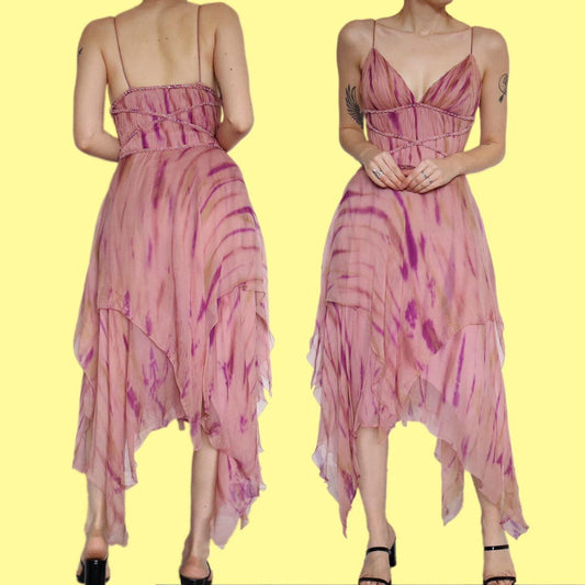 Stunning After Six petite 100% silk pink chiffon layered dress UK 12