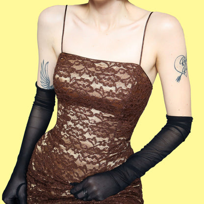 Dave & Johnny brown glittery lace evening dress UK 12