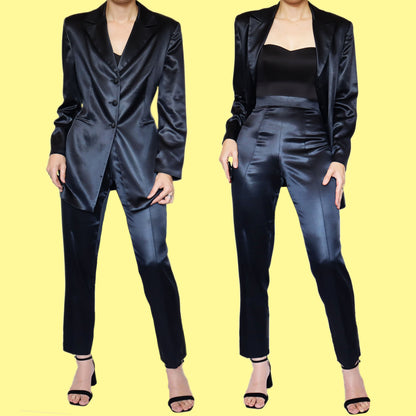 Navy satin 2 piece trouser suit UK 12