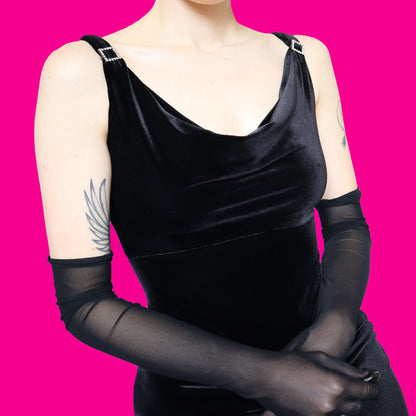 Black velvet stretch diamanté evening dress UK 12