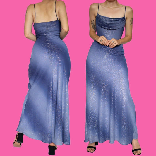 Blue Glitter Slip Evening Dress UK 12