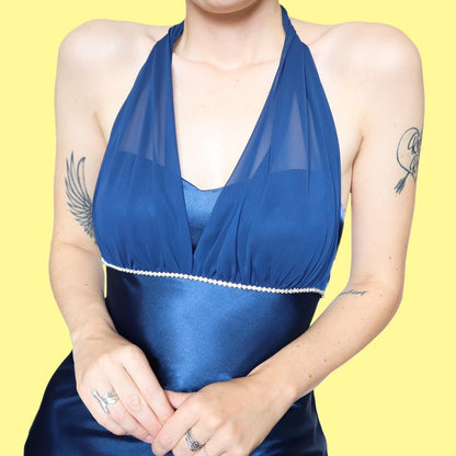 Blue satin diamanté halter neck evening dress UK 10